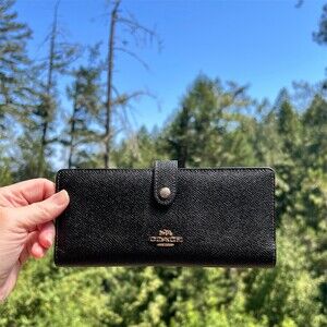 COACH Crossgrain Leather Bifold Slim Wallet Card Holder Black with Gold Hardware